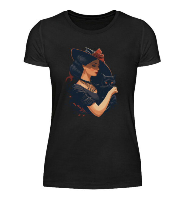 Woman with Black Cat - Women Basic Shirt-16